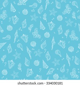 Seamless pattern with Seashells, seaweed and coral. Seashell texture or background for Seafood menu. Blue seamless seashell pattern