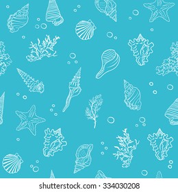 Seamless pattern with Seashells, seaweed and coral. Seashell texture or background for Seafood menu. Blue seamless seashell pattern