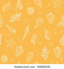 Seamless pattern with Seashells, seaweed and coral. Seashell texture or background for Seafood menu. Yellow seamless seashell pattern