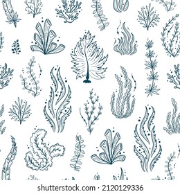 Seamless Pattern With Seashells, Seaweed And Corals. Marine Life Background. For Printing, Fabric, Textile, Manufacturing, Wallpapers. Under The Sea.