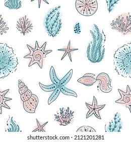 Seamless pattern with seashells, seaweed, fish, corals and starfishes. Marine life on white background. For printing, fabric, textile, manufacturing, wallpapers. Under the sea.