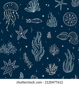 Seamless pattern with seashells, seaweed, jellyfish, fish and starfishes. Marine dark blue background. For printing, fabric, textile, manufacturing, wallpapers. Under the sea.