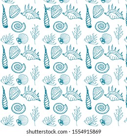 seamless pattern with seashells and seaweed. wild nature. cool for cards, invitations, party, banners, baby shower, preschool and children room decoration.Textile rapport in blue and white colors.