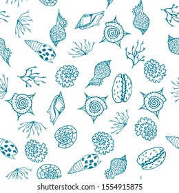 seamless pattern with seashells and seaweed. wild nature. cool for cards, invitations, party, banners, baby shower, preschool and children room decoration.Textile rapport in blue and white colors.