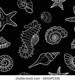 Seamless pattern with seashells, shells, sea ​​horse and starfish. Drawn vector graphic illustration on a black background. Monochrome line pattern for textile, background, ornaments
