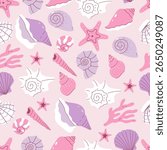 Seamless pattern with seashells in soft pink and soft purple colors. Vector graphics.