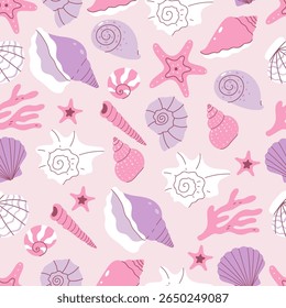 Seamless pattern with seashells in soft pink and soft purple colors. Vector graphics.