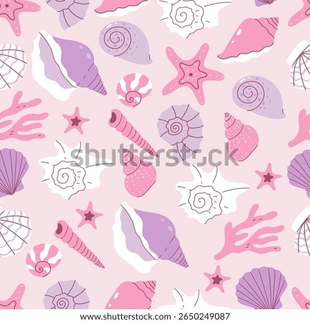 Seamless pattern with seashells in soft pink and soft purple colors. Vector graphics.