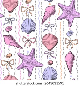 Seamless pattern with seashells, starfish and bows. Marine pattern in purple pink colors on white background. Cute ocean cartoon background. Hand drawn illustration. Vector sketch
