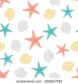 Seamless pattern of seashells and starfish. Concept of ocean flora and fauna, marine and underwater life, summertime. Seashells Seamless pattern. Composition of scallop and starfish background. 