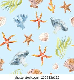 Seamless pattern of seashells, starfish, coral, and seaweed in a vibrant watercolor style on a light blue background, capturing the essence of underwater life for ocean-themed projects