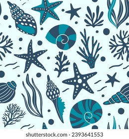 Seamless pattern with seashells, starfish, corals, seaweeds, waves. Hand-drawn seaside summer beach print. Cute ocean background. Abstract design for clothing, wrap, textile, fabric.