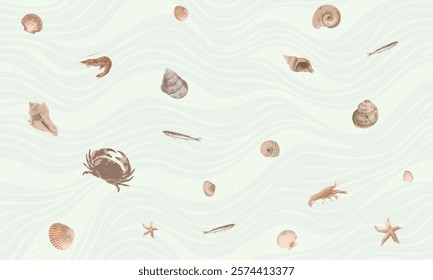 Seamless pattern with seashells, starfish and crab. Vector illustration.