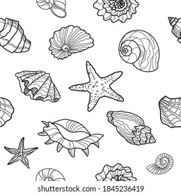 Seamless pattern with seashells and starfish. Drawn vector illustration on a white background. Monochrome pattern for textile, background, ornaments