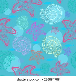 seamless pattern with seashells, starfish and fish
