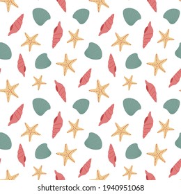 Seamless pattern with seashells and starfish. Hand drawn vector illustration. Blue, pink, yellow. White background.