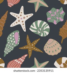 Seamless pattern with seashells, starfish. Hand-drawn doodle sea shells, starfish, mollusk. Summer beach print. Cute ocean background. Abstract design for clothing, wrap, textile, fabric.