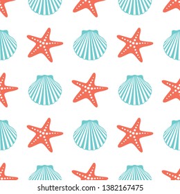 Seamless pattern with seashells and starfish. Marine vector background. Perfect for wrapping paper, textile and web design. Vector illustration with concept of seaside resort, diving, vacation