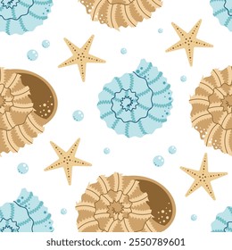 Patrón sin fisuras con conchas marinas, estrellas de mar, moluscos. Playa submarina tropical. Océano exótico. Ilustración vectorial plana