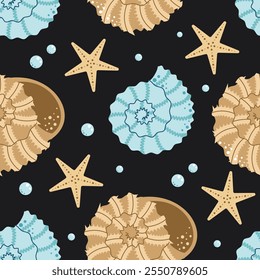 Patrón sin fisuras con conchas marinas, estrellas de mar, moluscos. Playa submarina tropical. Océano exótico. Ilustración vectorial plana