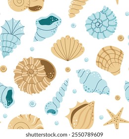 Patrón sin fisuras con conchas marinas, estrellas de mar, moluscos. Playa submarina tropical. Océano exótico. Ilustración vectorial plana