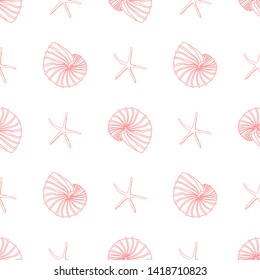 Seamless pattern with seashells and starfish on light background. Marine theme. Hand-drawn vector.
