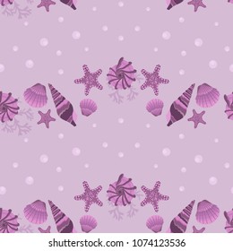 A seamless pattern with seashells and starfish in pastel colors. For decorating textiles, packaging, wallpapers and web design. Vector illustration.