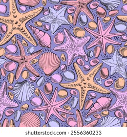 Seamless pattern with seashells, starfish and pebbles. Marine pattern in purple pink colors. Cute ocean background. Sketch style. Hand drawn illustration. Vector