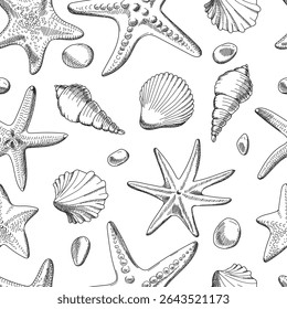 Seamless pattern with seashells, starfish and pebbles. Vector vintage pattern with black and white sea creatures on a white background. Cute marine  cartoon background. Hand drawn illustration.