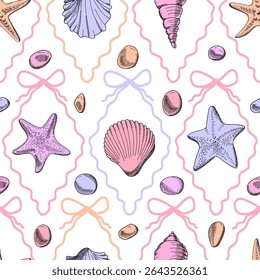 Seamless pattern with seashells, starfish, pebbles and bows. Marine pattern in purple pink colors on white background. Cute vintage cartoon background. Hand drawn illustration. Vector 