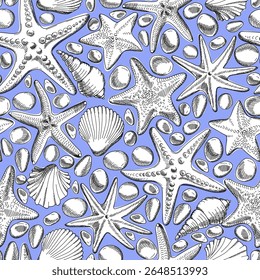 Seamless pattern with seashells, starfish and pebbles. Marine pattern with black and white sea animals on blue background. Cute ocean background. Sketch style. Hand drawn illustration. Vector