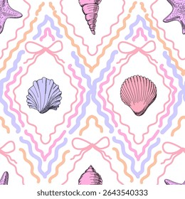 Seamless pattern with seashells, starfish, rhombuses and bows. Marine pattern in purple pink colors on white background. Cute vintage cartoon background. Hand drawn illustration. Vector 