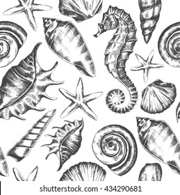 seamless pattern with seashells, starfish and seahorse sketch in retro style, vector Stock