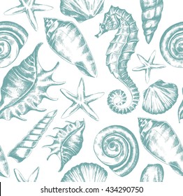 seamless pattern with seashells, starfish and seahorse sketch in retro style, vector Stock