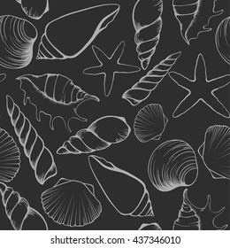 seamless pattern with seashells, starfish and seahorse sketch in retro style, vector Stock