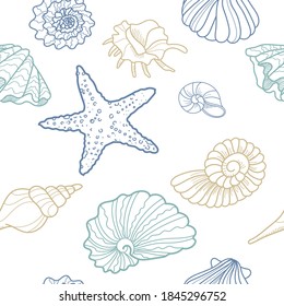 Seamless pattern with seashells, starfish, shells. Drawn vector graphic illustration on a white background. Color line pattern for textile, background, ornaments