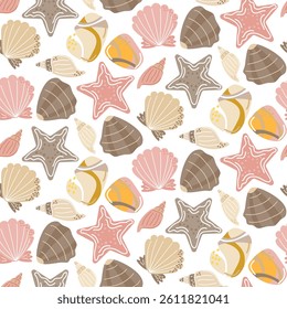 Seamless pattern with seashells, starfish, and stones in soft pink and beige colors. Cute marine design for children products, textile, wrapping, and summer themes