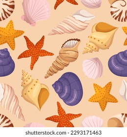 Seamless Pattern With Seashells And Starfishes, Bright Beachy And Aquatic Design. Perfect For Summer And Coastal-themed Projects, Adding A Touch Of Nature And Ocean Vibes. Cartoon Vector Illustration