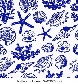 Seamless pattern with seashells, starfishes and corals. Perfect for wrapping paper, textile, wallpaper. Vector illustration in sketch style. 