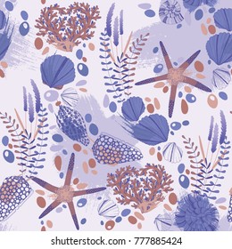 Seamless pattern with seashells, starfishes and lavender