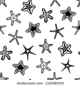 Seamless pattern with seashells and starfishes. Marine background. Vector illustration.