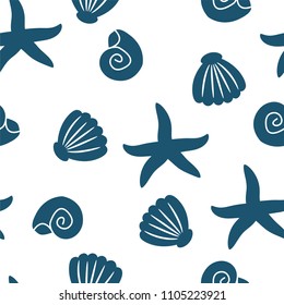 Seamless pattern of seashells and starfishes. Marine background. Perfect for invitations, greeting cards, posters, prints, banners, flyers, fabric etc. Vector illustration