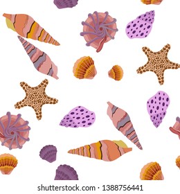 Seamless pattern with seashells and starfishes. Marine background. Vector illustration in flat style. Perfect for greetings, invitations, wrapping paper, textile, wedding and web design.