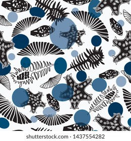 Seamless pattern with seashells and starfishes. Marine white background with blue bubbles, dots, transparent. Vector illustration in sketch style.