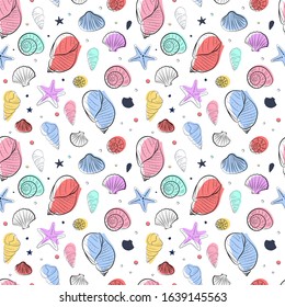 Seamless pattern with seashells and starfishes. Marine background. Vector illustration in sketch style. Summer theme background