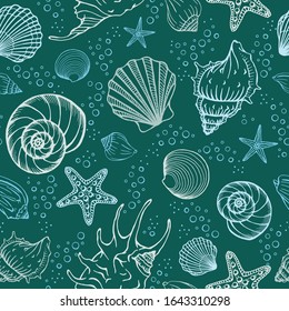 Seamless pattern with seashells and starfishes. Marine background.  Hand drawn vector illustration in sketch style. Perfect for greetings, invitations, coloring books, textile, wed