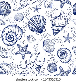 Seamless pattern with seashells and starfishes. Marine background.  Hand drawn vector illustration in sketch style. Perfect for greetings, invitations, coloring books, textile, wed