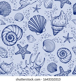 Seamless pattern with seashells and starfishes. Marine background.  Hand drawn vector illustration in sketch style. Perfect for greetings, invitations, coloring books, textile, wed