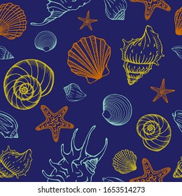 Seamless pattern with seashells and starfishes. Marine background.  Perfect for greetings, invitations, manufacture wrapping paper, textile and web design.
