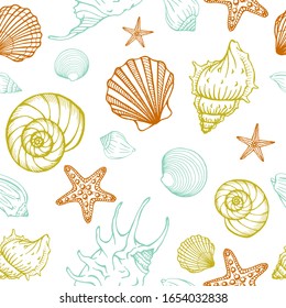 Seamless pattern with seashells and starfishes. Marine background. Perfect for greetings, invitations, manufacture wrapping paper, textile and web design.